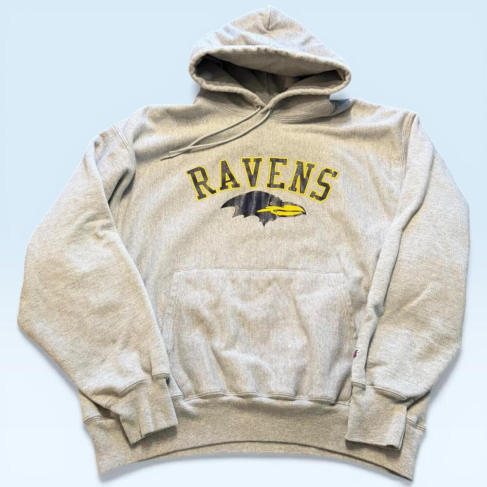 Ravens Hoodie Sweatshirt Mens XL Gray Champion Reverse Weave Mascot Graphic